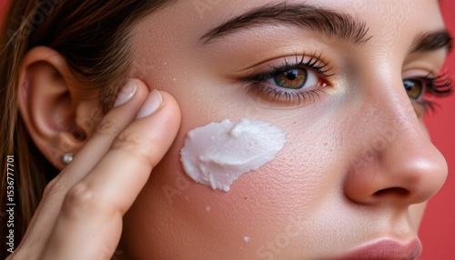 Closeup of a Young Woman Applying Moisturizer to Her Face with a Glowing Skin Tone