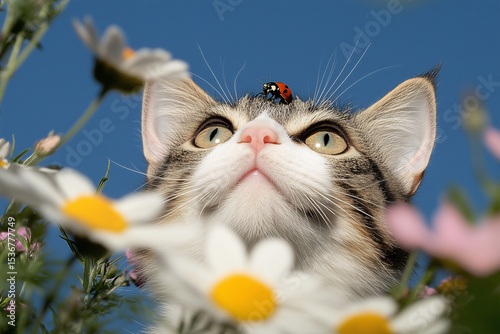 A cat looks up with wonder at the sky while a ladybug rests on its head. Surrounding the cat are colorful daisies and wildflowers under clear blue skies