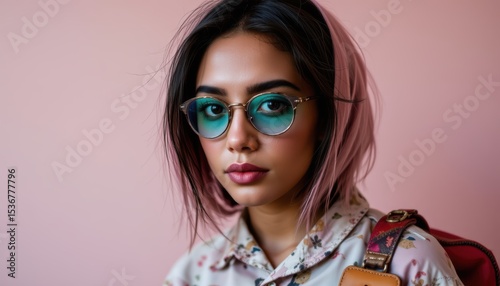 Portrait of a Young Woman with Pink Hair and Stylish Glasses Against a Soft Pink Background