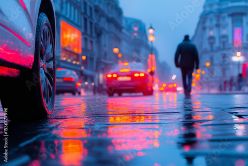 Rain-soaked city street features vibrant reflections and a lone pedestrian walking amid parked cars and glowing storefronts in the background