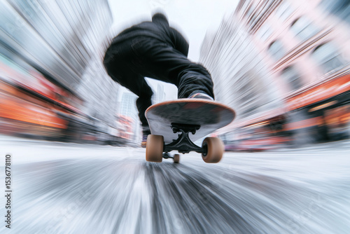 A skateboarder speeds down a snowy street in an urban area, showcasing dynamic movement against a backdrop of blurred city buildings on a winter day