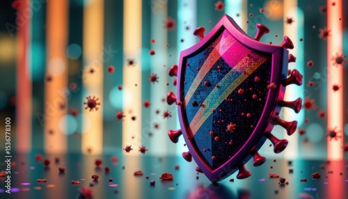 Colorful Shield Symbol Representing Protection Against Virus in a Modern Abstract Setting with Glowing Lights