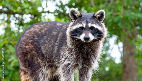 perro mapache común (Nyctereutes procyonoides) en un bosque frondoso. El animal aparece de frente, con el pelaje esponjoso y detalles nítidos en el rostro, ojos brillantes y orejas erguidas.
