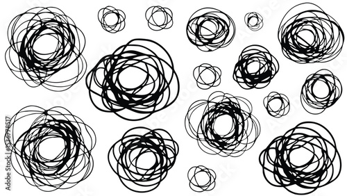 A collection of abstract circular doodles with varying sizes and line thicknesses scattered on white background
