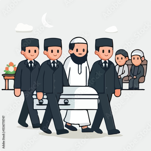 image of muslim people escorting to the funeral with a simple and minimalist flat design using a white background
