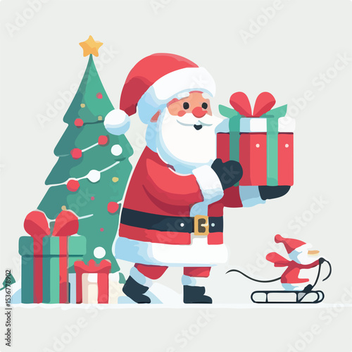 image of santa claus distributing christmas presents with a simple and minimalist flat design using a white background