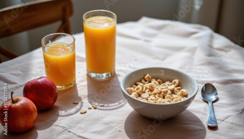Morning Breakfast Table Setting with Cereal, Orange Juice, and Fresh Apple on a Wooden Table