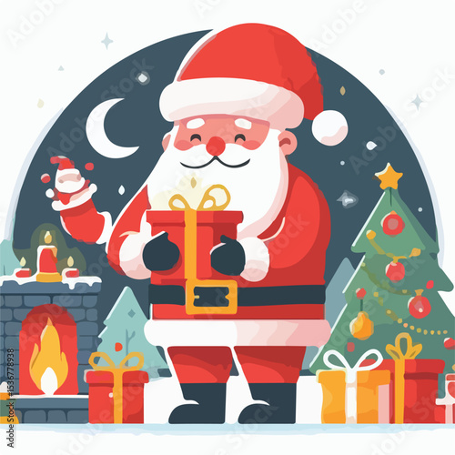 image of santa claus distributing christmas presents with a simple and minimalist flat design using a white background
