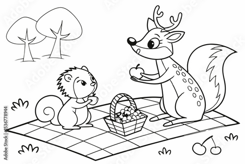 coloring book page of a forest animal picnic, with a squirrel, a hedgehog, and a deer sitting on a blanket, surrounded by simple food like apples and berries, bold outlines, fun and simple for kids