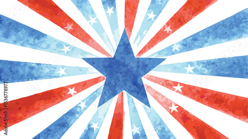Watercolor style patriotic background with a central blue star and red and blue rays radiating outward