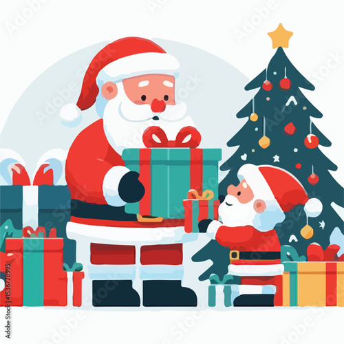 image of santa claus distributing christmas presents with a simple and minimalist flat design using a white background