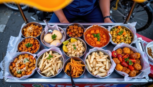 Colorful Array of Traditional Street Food Dishes Displayed on a Cart in a Bustling Market