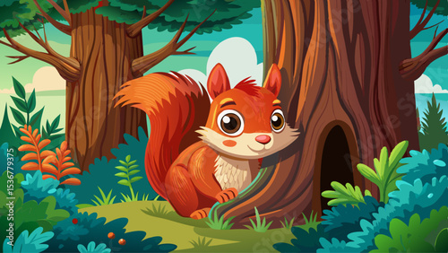 Curious red squirrel peeking behind the tree trunk
