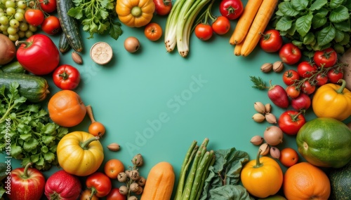 Colorful Arrangement of Fresh Vegetables and Fruits on a Turquoise Surface with Vibrant Colors