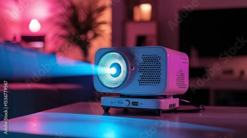 A modern projector emits a bright light on a table in a cozy, colorfully lit living room.