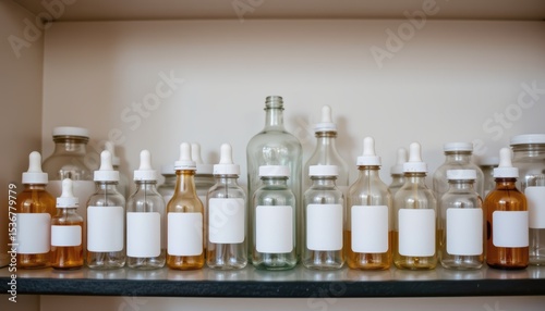 Collection of Various Glass Bottles and Jars with Blank Labels on a Shelf in a Cozy Interior
