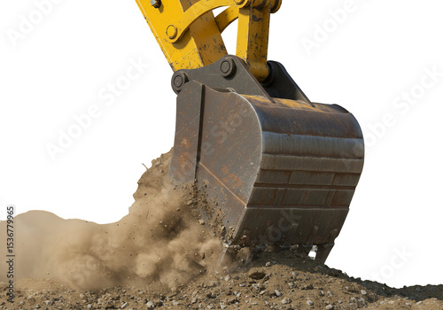 Excavator Bucket Digging Up Dirt, Creating Dust Cloud