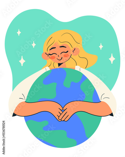 Smiling blonde woman hugging the Earth. Concept of environmental care, sustainability, love for the planet, and eco friendly lifestyle. Doodle style isolated vector illustration