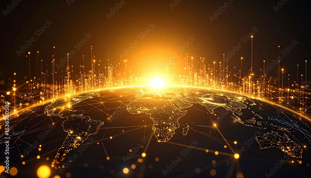 Obraz premium Glowing earth surrounded by a network of lines illustrating abstract global technology concepts