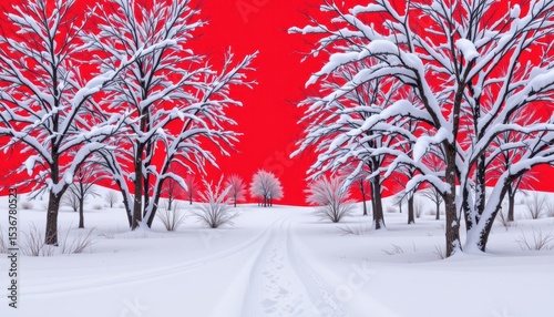 Snowy Winter Landscape with Bare Trees and Vivid Red Sky Creating a Striking Contrast