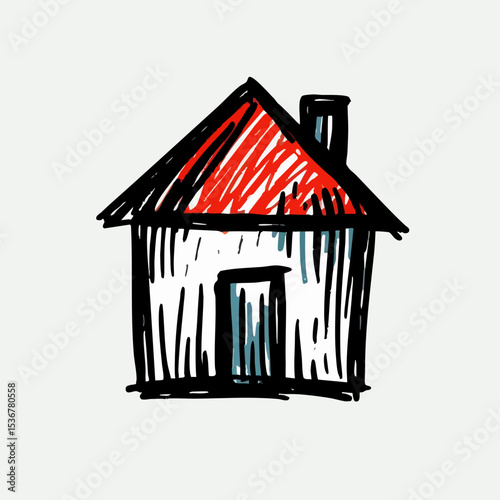 Simple sketch of a house with a red roof and chimney  