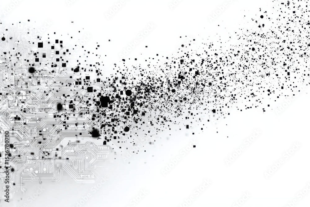 Obraz premium Circuit Board and Particles Against White Backdrop, Representing Digital Transformation and Technological Advancement, Ideal for Innovation and Engineering : Generative AI