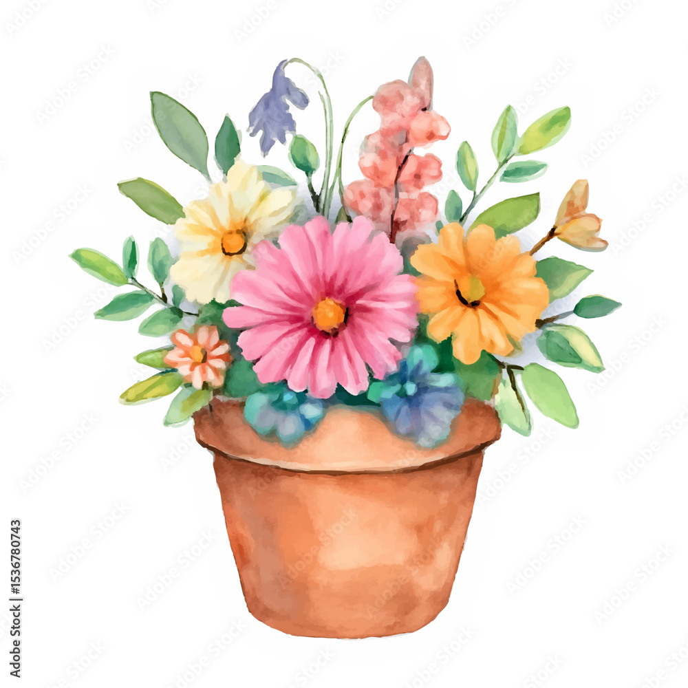 Obraz premium Colorful bouquet of watercolor flowers in a terracotta pot 