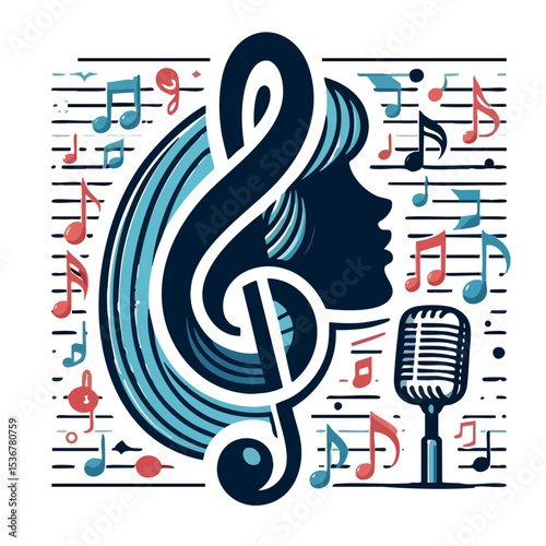 Musical emblem featuring woman's silhouette with notes and microphone   photo
