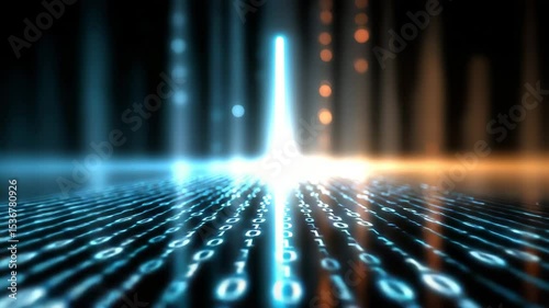 Binary code streams across a glowing digital surface with dynamic light beams, representing data transfer, technology, and innovation. Video for IT, programming, networks, and artificial intelligence