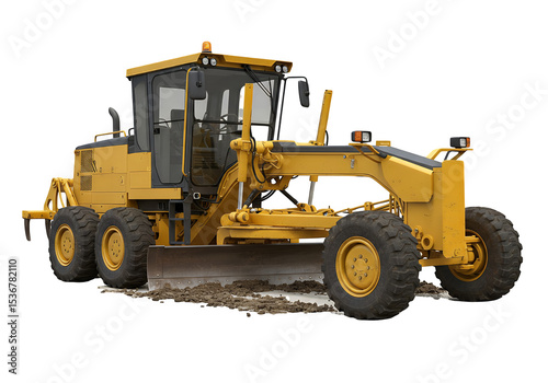 Heavy-duty yellow grader machine on a dirt surface.