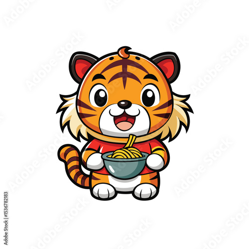 Chubby style cartoon tiger eating noodles vector illustration