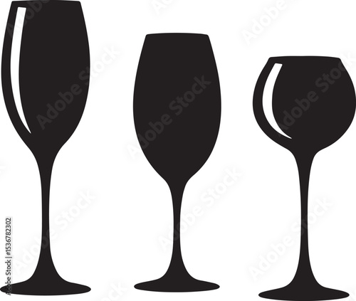 Simple black silhouette illustrations of three different wine glasses on a white background