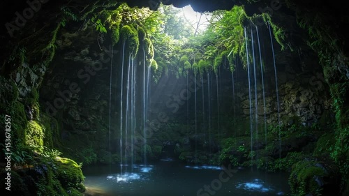 Serene waterfall cascading into a lush, green cave
