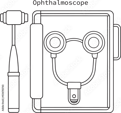 Ophthalmoscope and reflex hammer medical equipment line art illustration