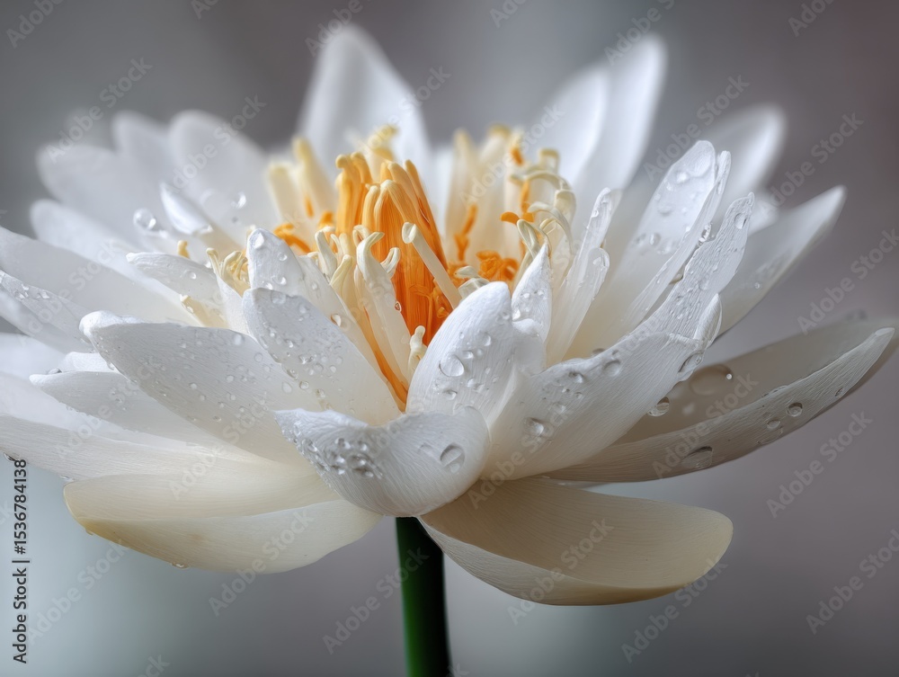 Fototapeta premium Close-Up of White Lotus Flower With Water Droplets, Symbolizing Purity and Spiritual Renewal for Wellness Campaigns and Inspirational Messages : Generative AI