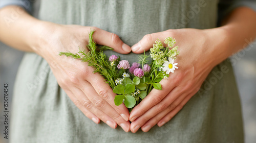 Young pregnant woman holding in hands a heart made of medicinal herbs in front of her belly. Digestive health concept