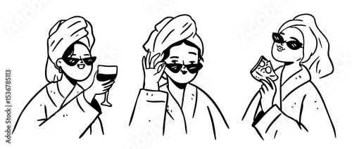 Bachelorette and bridesmaids clipart, girls night party hand drawn outline