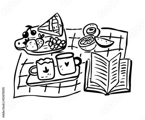 Picnic on blanket concept. Doodle brunch scene with food, book, cups.