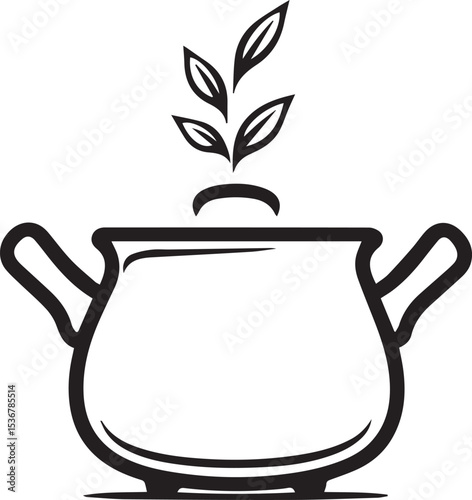 Culinary Essence: An elegant monochrome depiction of a cooking pot, emanating a sense of freshness and culinary anticipation, complete with stylized leaves.