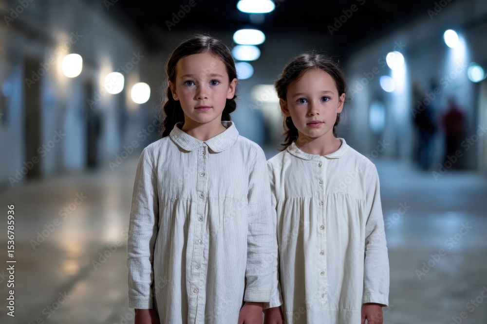 Fototapeta premium This image features two identical twins dressed in plain white clothing, exuding an air of calmness while standing against a softly illuminated corridor background.