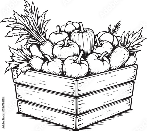 Harvest Crate Drawing: A rustic wooden crate overflowing with a bountiful harvest of vegetables including pumpkins, peppers, carrots, and celery.