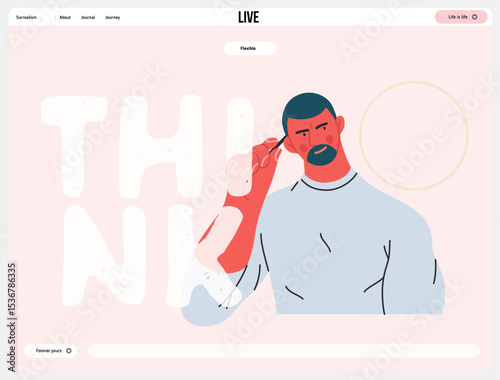 Thinking people, modern flat vector concept illustration- man standing thoughtfully, looking sideways, bubble near his head Metaphor for reflection, analysis, introspection, contemplation, deep