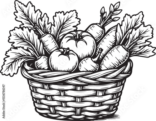 Fresh Harvest: A bountiful hand-drawn depiction of a woven basket overflowing with fresh, organically grown vegetables, exuding rustic charm and a celebration of nature's bounty.