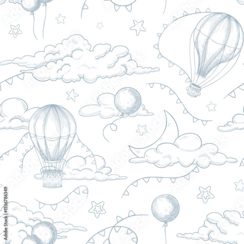 Seamless vector Pattern with hand drawn hot air Balloons, clouds, and stars in linear style. Outline drawing of Background with floating Aerostats and garland for nursery wallpaper or childish textile