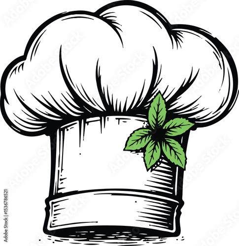 Chef Hat Embellishment: A minimalist design featuring a classic chef's hat, adorned with a sprig of fresh basil, embodying culinary expertise and the freshness of ingredients.