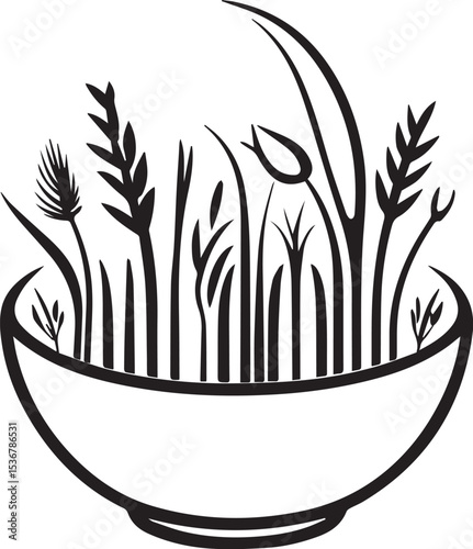 Elegant Bowl of Nature: A stylized black and white illustration showcasing a serene scene of various types of wheat and grasses gracefully cascading from a simple yet elegant bowl.