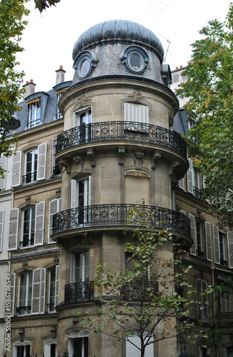 Circular Corner Tower with Balconies on 19th Century Paris Apartment Building