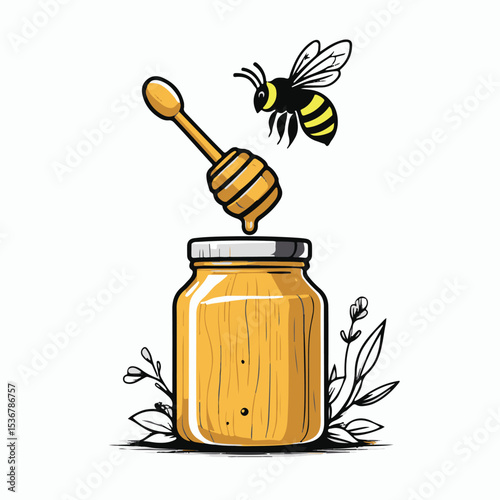 Honey jar with Bee: A honey jar with bee perches near, capturing the sweetness and labor of nature's bounty.