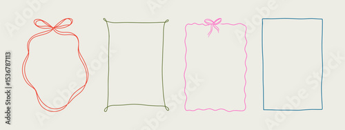 Set of elegant whimsical hand-drawn pink blue orange green color frames with wavy squiggle curly ribbons in trendy, vintage styles. Perfect for quirky holiday, wedding, birthday gift decorations
