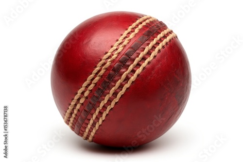 Red cricket ball displayed on a plain background highlighting its unique stitching and texture
